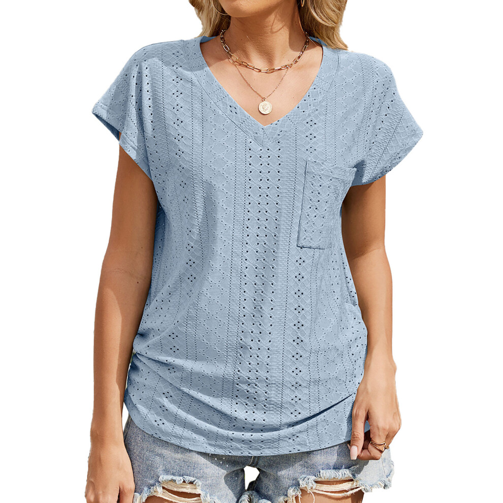 Sky Blue Womens Top Spring V Neck Shirts Casual Trendy- L