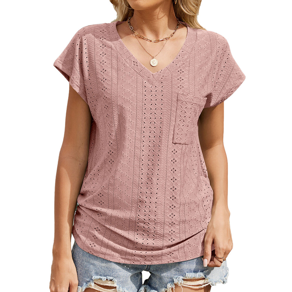 Pink Womens Top Spring V Neck Shirts Casual Trendy Women's- L