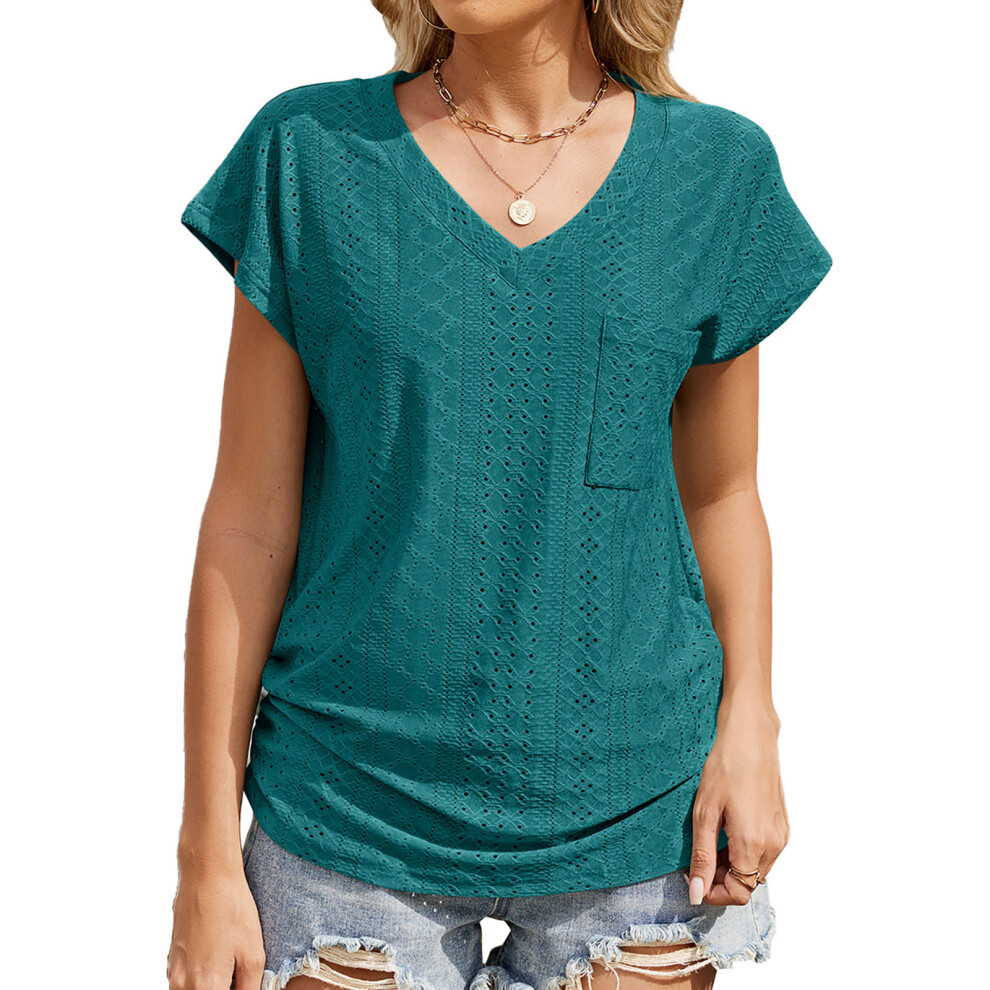 Turquoise Womens Top Spring V Neck Shirts Casual Trendy- M