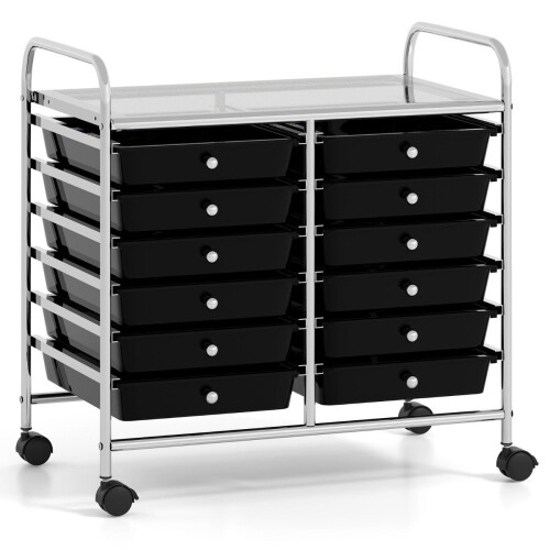 Mobile Storage Cart with 12 Stackable Drawers, Black