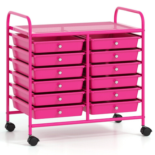 Mobile Storage Cart with 12 Stackable Drawers, Dark Pink