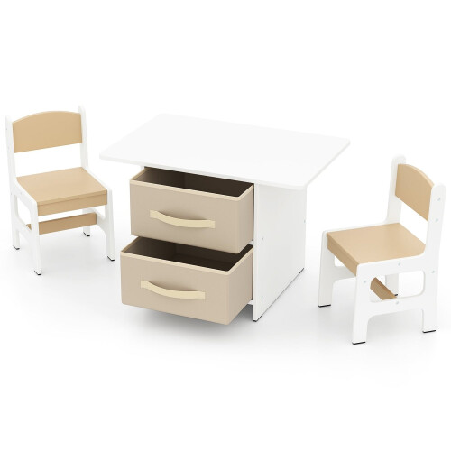 Children's Table Set with 2 Chairs, Storage Baskets, Wood