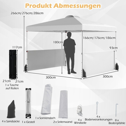 Pop-Up Pavilion 3x3m with Sides, Bag, Wind Ropes, White 1