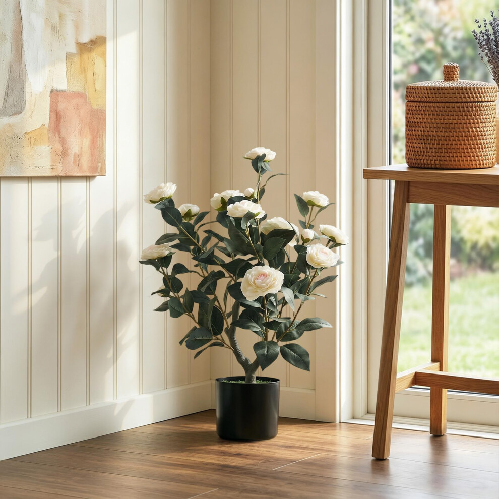 Homcom (White) 65Cm Artificial Camellia Flower Plant With 116 Lush Leaves