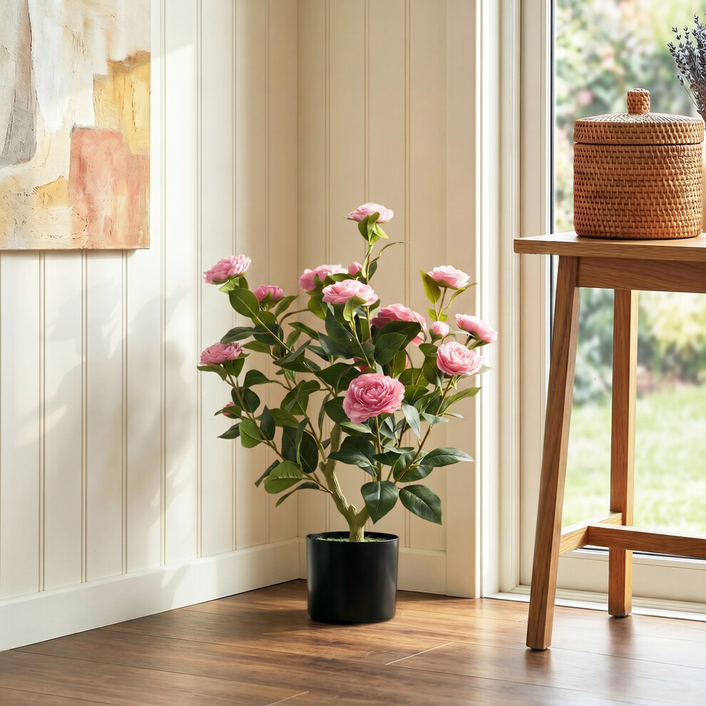 Homcom (Pink) 65Cm Artificial Camellia Flower Plant With 116 Lush Leaves