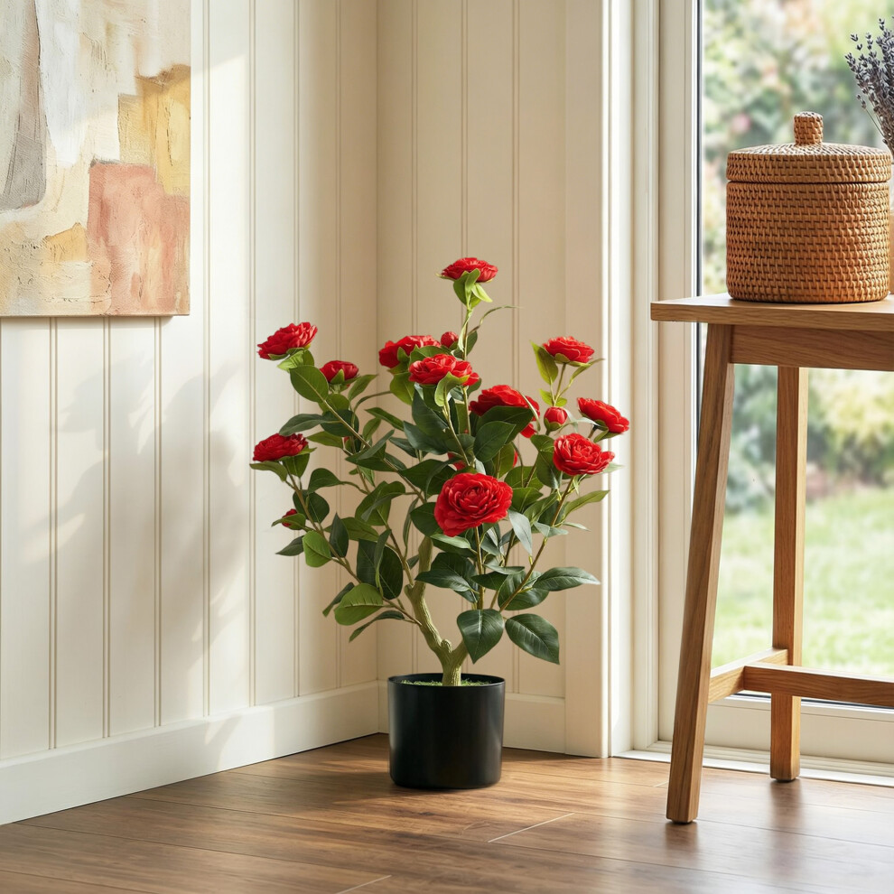 Homcom (Red) 65Cm Artificial Camellia Flower Plant With 116 Lush Leaves