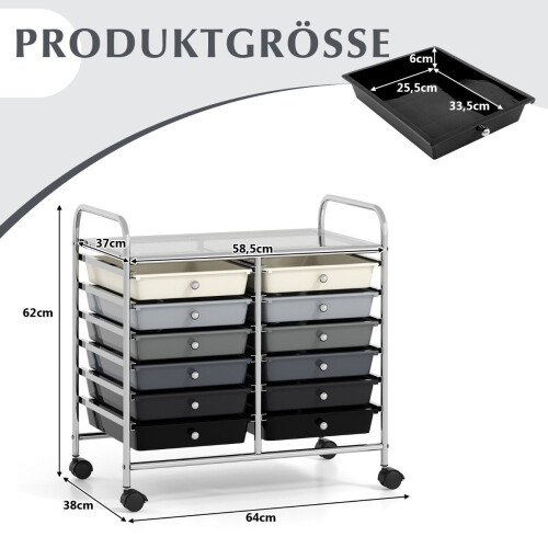 Mobile Storage Cart with 12 Stackable Drawers, Black 1