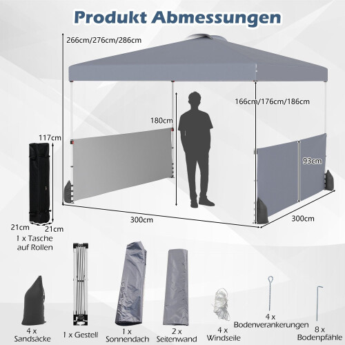 Pop-up lysthus 3x3m med 2 sidevegger, bag, grå 1
