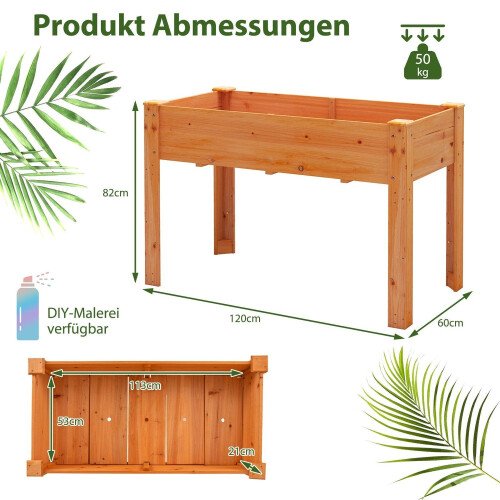 Jardinera elevada de madera con orificios de drenaje, 120 x 60 x 82 cm 1
