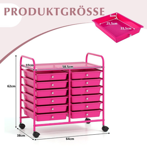 Mobile Storage Cart with 12 Stackable Drawers, Dark Pink 1