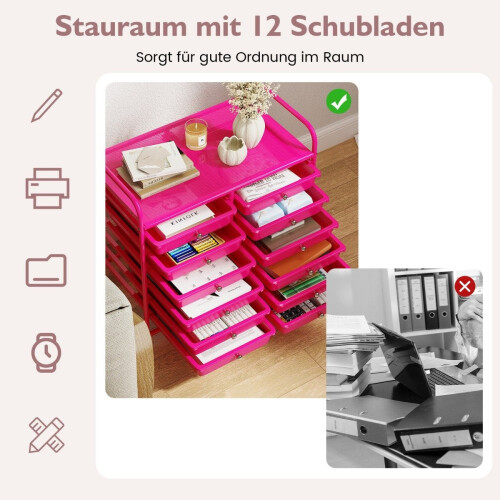 Mobile Storage Cart with 12 Stackable Drawers, Dark Pink 2