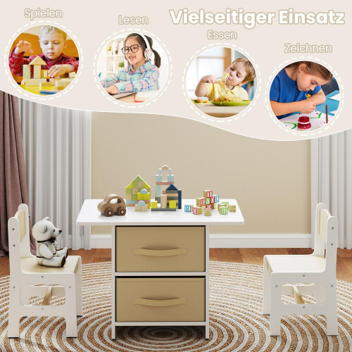 Children's Table Set with 2 Chairs, Storage Baskets, Wood 2