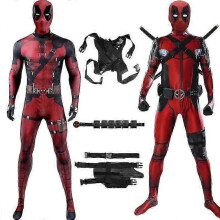 (Jumpsuit-antrekk + belte + sverd) Voksen Deadpool-kostyme Zentai Bodysuit Cosplay-drakt Maske Halloween Jumpsuit Menn