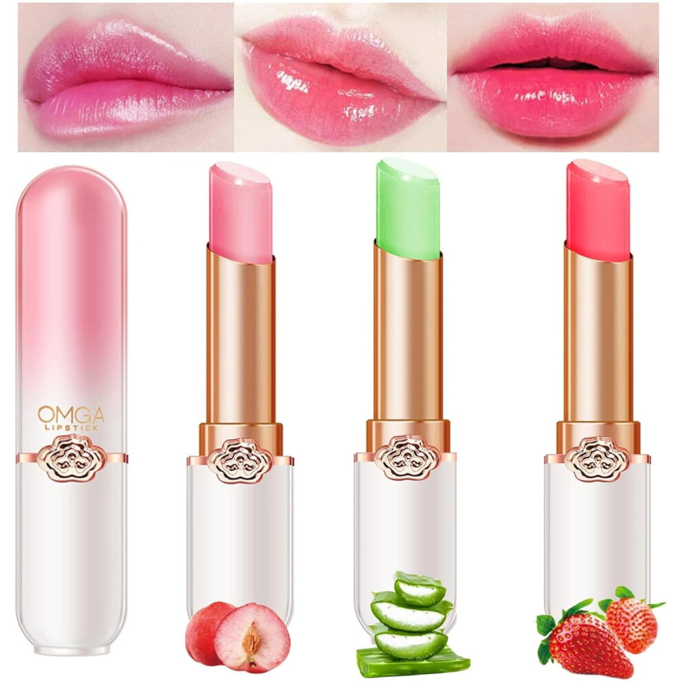 Gogerstar Peach 3Pcs Jelly Lipstick, Fruit Color Change Lip Balm Set, Aloe Vera Strawberry Color Change Lip Balm, Long Lasting Moisturizer Lip Makeup Set