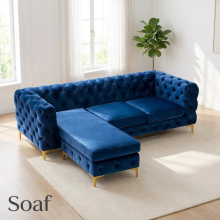 (Blue Velvet, Left Hand Chaise) Luxury Chaise Sofa Longue 4-Seater Plush Velvet Chesterfield Corner Settee Couch