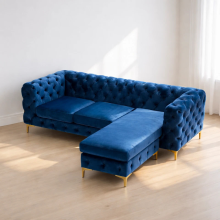 (Blue Velvet, Right Hand Chaise) Luxury Chaise Sofa Longue 4-Seater Plush Velvet Chesterfield Corner Settee Couch