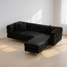 (Black Velvet, Right Hand Chaise) Luxury Chaise Sofa Longue 4-Seater Plush Velvet Chesterfield Corner Settee Couch