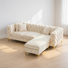 (Cream Velvet, Right Hand Chaise) Luxury Chaise Sofa Longue 4-Seater Plush Velvet Chesterfield Corner Settee Couch