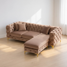 (Mink Velvet, Right Hand Chaise) Luxury Chaise Sofa Longue 4-Seater Plush Velvet Chesterfield Corner Settee Couch