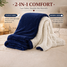 (Navy Blue, Super King (230 x 270 cm)) Luxury Super Soft Sherpa Fleece Blanket Faux Fur Sofa Mink Warm Thick Reversible Throw
