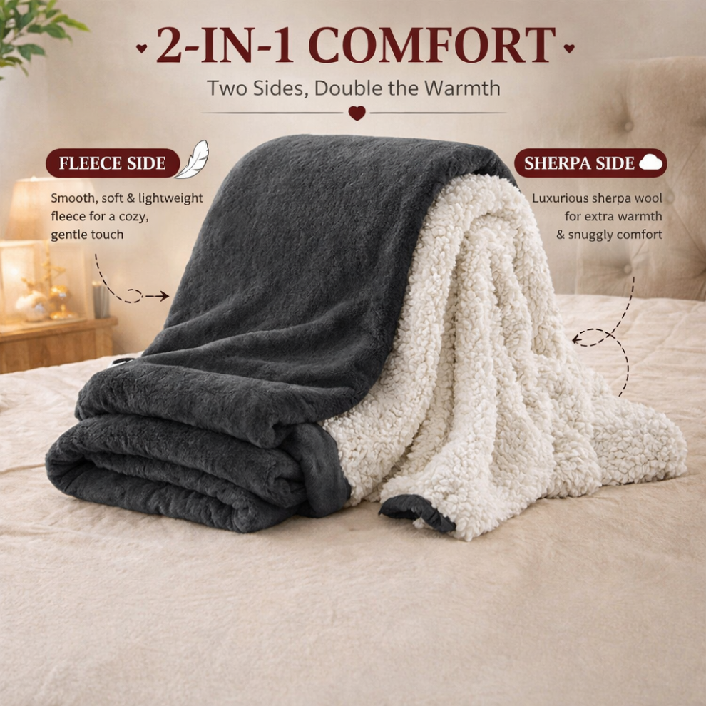 Oxford Homeware (, Super King (230 X 270 Cm)) Luxury Super Soft Sherpa Fleece Blanket Faux Fur Sofa Mink Warm Thick Reversible Throw Grey