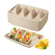 50 kusov biologicky odbúrateľného držiaka na tacos, 3 priehradky, papierové taniere na tacos, vyrobené z cukrovej trstiny