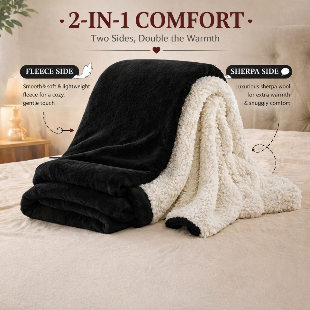 Oxford Homeware (, Super King (230 X 270 Cm)) Luxury Super Soft Sherpa Fleece Blanket Faux Fur Sofa Mink Warm Thick Reversible Throw Black
