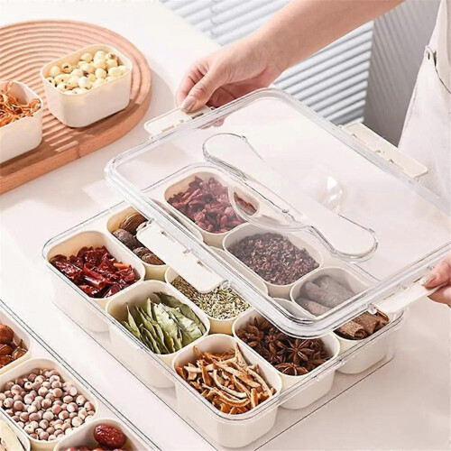 Bandeja de servir com 9 compartimentos e tampa, caixa de lanches portátil, recipiente para temperos e alimentos.