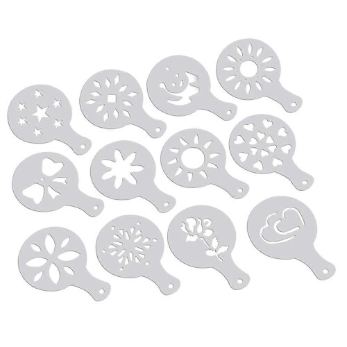 12 stencil bianchi per cappuccino, caffè, fiori e altro ancora.