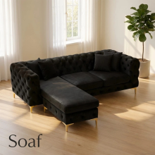 (Black Velvet, Left Hand Chaise) Luxury Chaise Sofa Longue 4-Seater Plush Velvet Chesterfield Corner Settee Couch