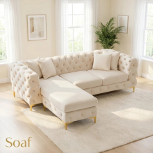 (Cream Velvet, Left Hand Chaise) Luxury Chaise Sofa Longue 4-Seater Plush Velvet Chesterfield Corner Settee Couch