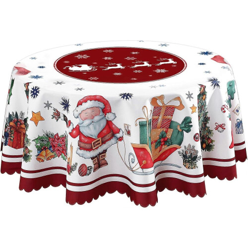 Christmas Round Tablecloth, 120cm Diameter, Red Polyester with Santa Claus Design
