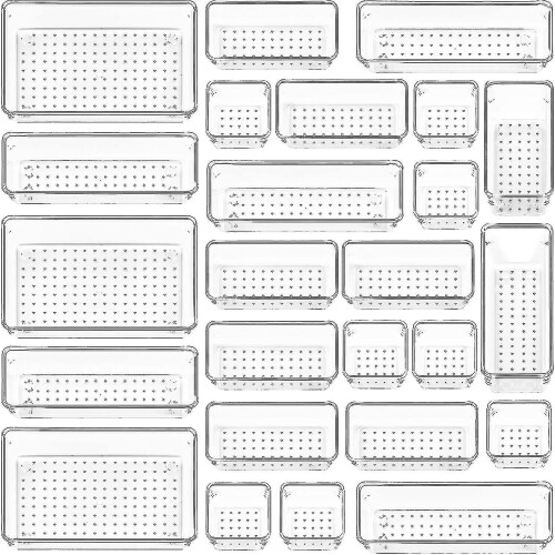 Clear Plastic Drawer Organizers Set, 25 pcs, 4-size, Bathroom and Vanity Use