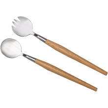 Juego de ensalada de acero inoxidable con mango de madera, utensilios para servir aptos para lavavajillas.