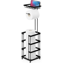 Black Toilet Roll Holder Free Standing Bathroom Paper Rack with Storage Shelf