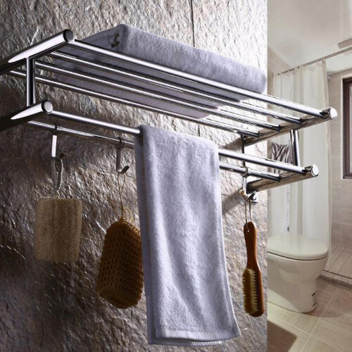 Bath Towel Rack with Double Layered Bathroom Shelves and Removable Hooks 2