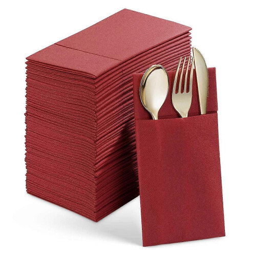 Disposable Dinner Napkins with Built-in Flatware Pocket for WeddingRed