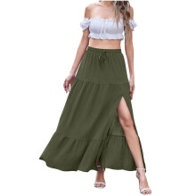 Retro Elastic Waist Skirt with Elegant Pleats and-Green XXXL