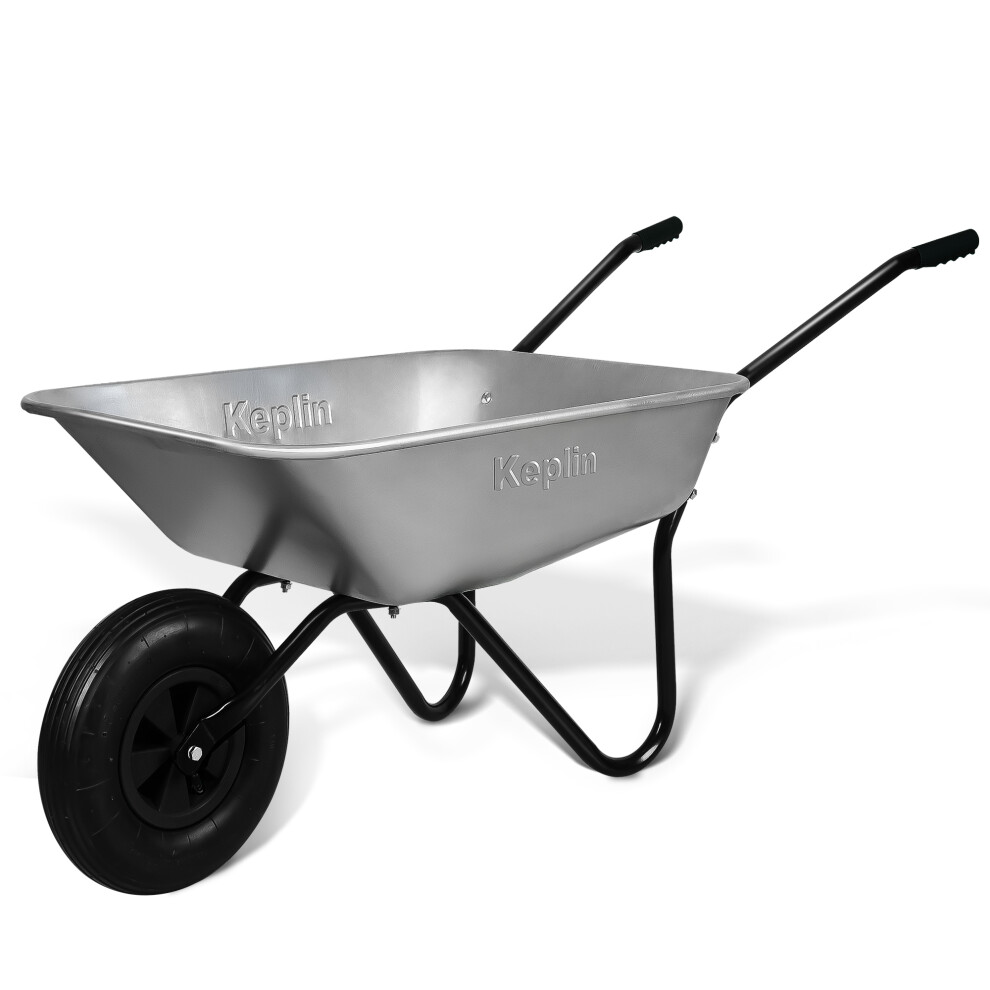 Keplin 65L Garden Heavy Duty Steel Wheelbarrow With Pneumatic Tyre, Single Wheel Supports 100Kg Capacity, Galvanised