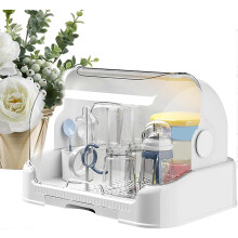 (Grey) Baby Bottle Storage Box & Dryer Rack, Dustproof with Cover, Removable Water Tray, Countertop Organizer -GLS