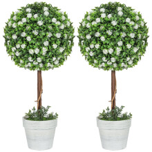 Pair of Artificial Rose Ball Topiary Trees 60cm White Flower Potted Plants for Indoor Outdoor Decor