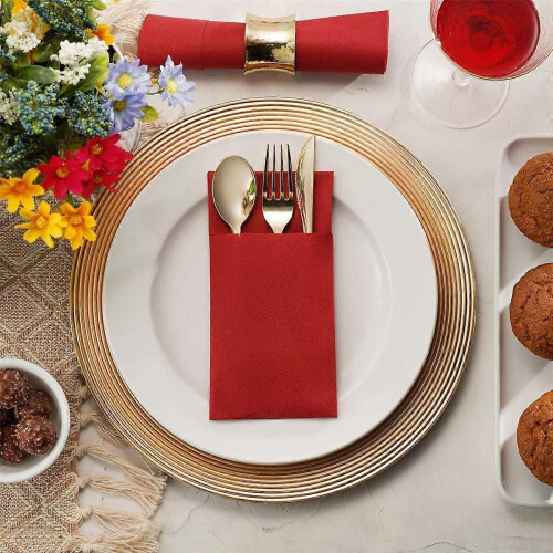 Disposable Dinner Napkins with Built-in Flatware Pocket for WeddingRed 2