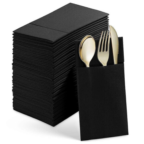 Disposable Dinner Napkins with Built-in Flatware Pocket for WeddingBlack 1