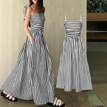 (Navy blue, L) Women's Summer New Striped Strapless Dress Off Shoulder Bodycon Long Dress Sexy Waist Belted Maxi Dress
