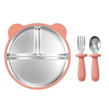 Baby-Essgeschirr mit herausnehmbarem Fach, Saugfuß, kippsicherem 304 Edelstahl-Silikonteller, Gabel und Löffel (Pfirsichrosa)