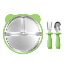 Detachable, compartmentalized baby food serving dish with suction cup, drop-proof silicone 304 stainless steel, children's plate with fork a