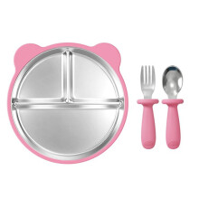 Abnehmbarer, unterteilter Babynahrungs-Servierteller mit Saugnapf, bruchsicherem Silikon, Edelstahl 304, Kinderteller mit Gabel und Löffel (rosa)