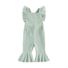 (3-4 Years, Green) Little Girl Waffle Romper Summer Flying Sleeve Solid Color Flared Pants Jumpsuit