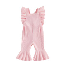 (6-12 Months, Pink) Little Girl Waffle Romper Summer Flying Sleeve Solid Color Flared Pants Jumpsuit