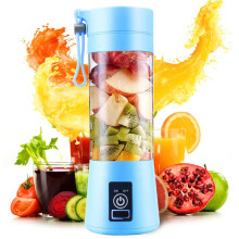 USB Rechargeable Electric Automatic Blender Juicer Cup for Vegetables, Fruits, Citrus, and Oranges (380ml, 4 Blades, Blue)